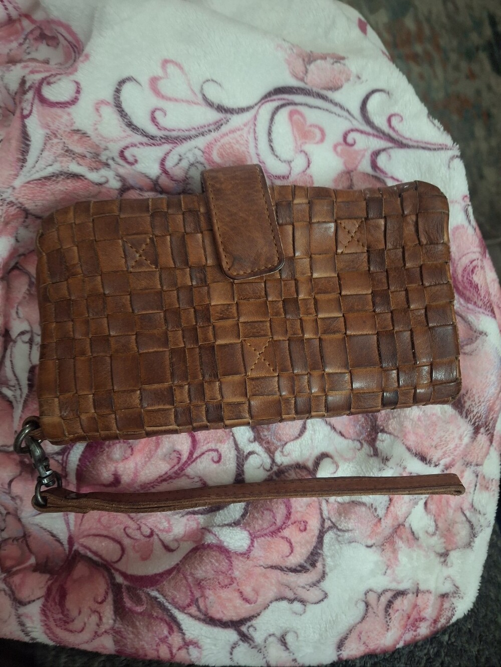 Woven Leather Wristlet Clutch in Brown